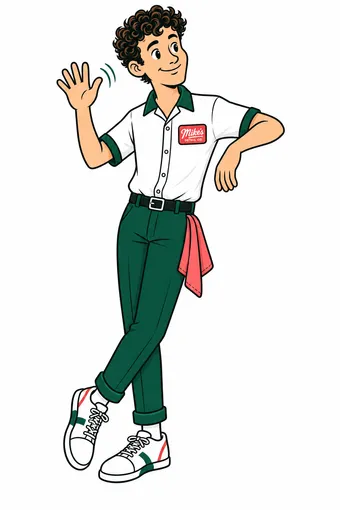 Illustrated mascot in white and green detailing uniform, waving